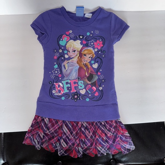 Disney Elsa & Anna Tunic Dress Bff's Purple & Plaid Tulle Girl's Size 4/5 - Picture 1 of 4